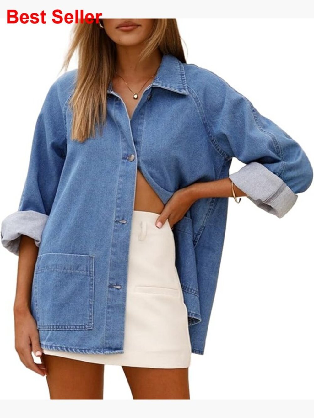 Women's Denim Shirt Long Sleeve Button Down Jean Shacket Top with Pockets